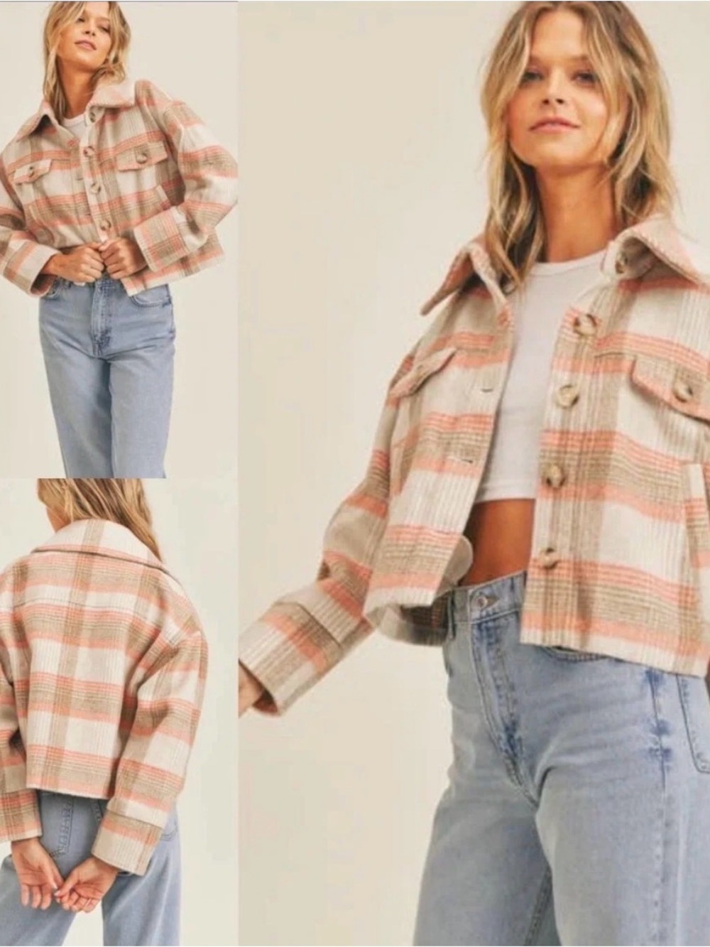 NWT Lush Cream & Pink Plaid Button Front Coat